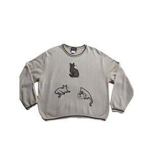 Vintage Sweater Southern Lady Cats Fish Bowl plaid Country Cat Lady kitten XL